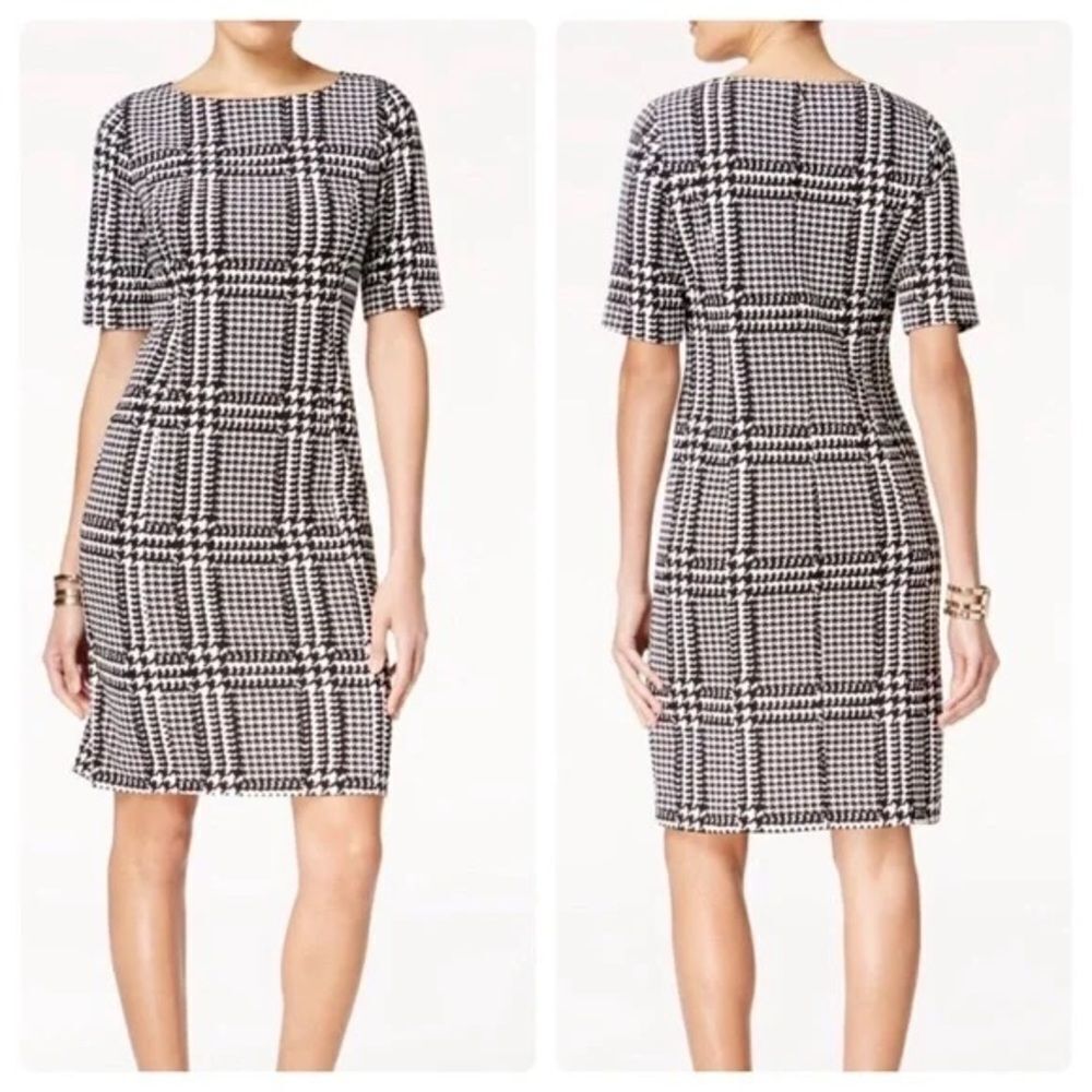 Alfani sheath dress, black & white houndstooth, short sleeve, knee length sz 14